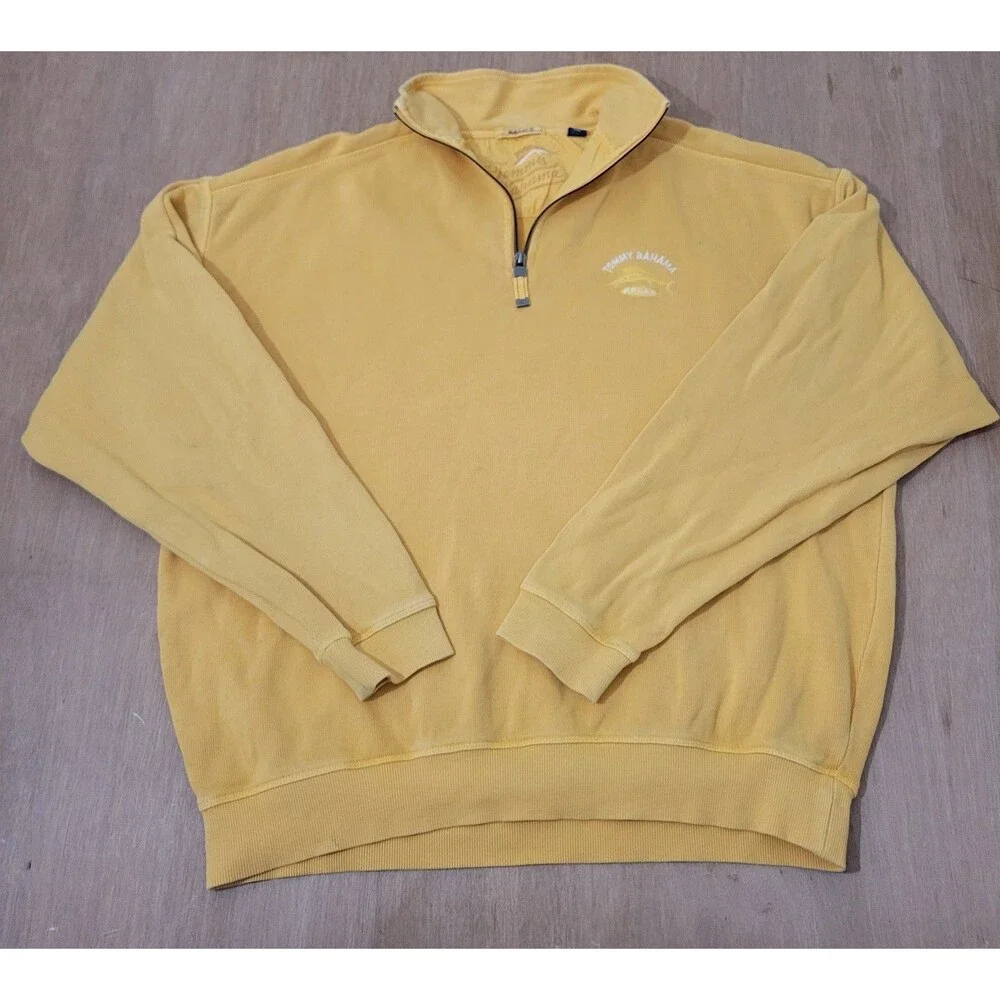 Tommy Bahama Relax 1/4 Zip Pullover Sweatshirt Yellow Large Marlin Logo Flaw!